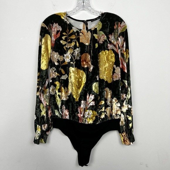 Zara Tops Zara Velvet Bodysuit Large Green Floral Print Keyhole